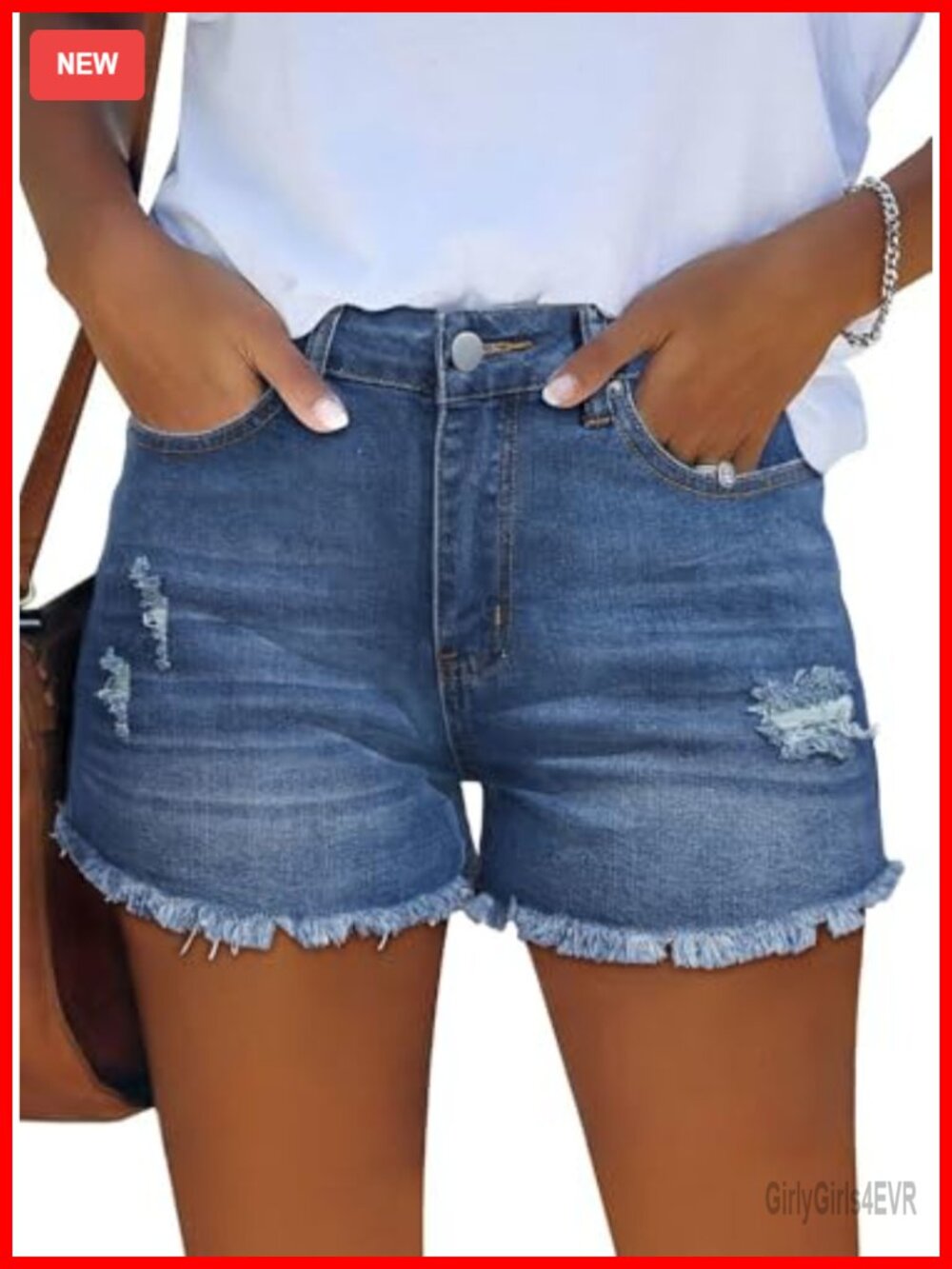 Women's Mid-High Waist Stretchy Distressed Denim Shorts Ripped Jean Shorts